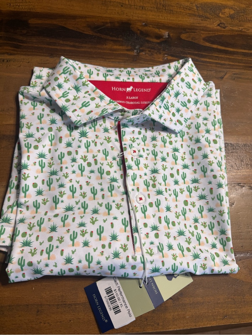 Horn Legend Men’s White Polo Shirt with Green Cactus Print.